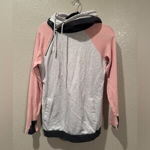 & double hooded pocket zippered color block hoodie w thumb holes sz M
